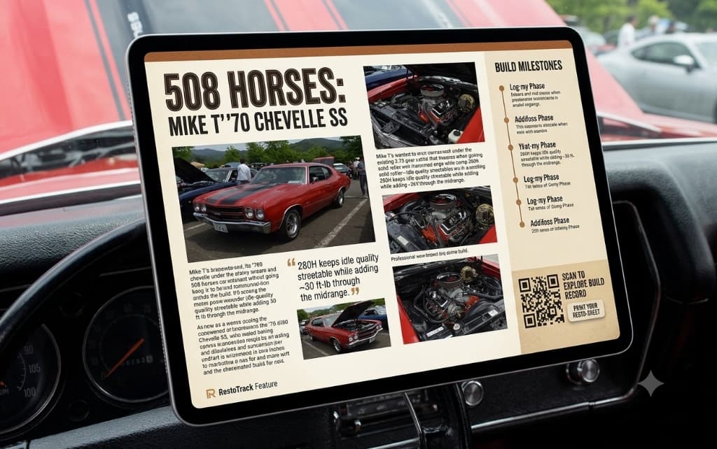 Build To Show Build Book displayed on tablet inside car cockpit