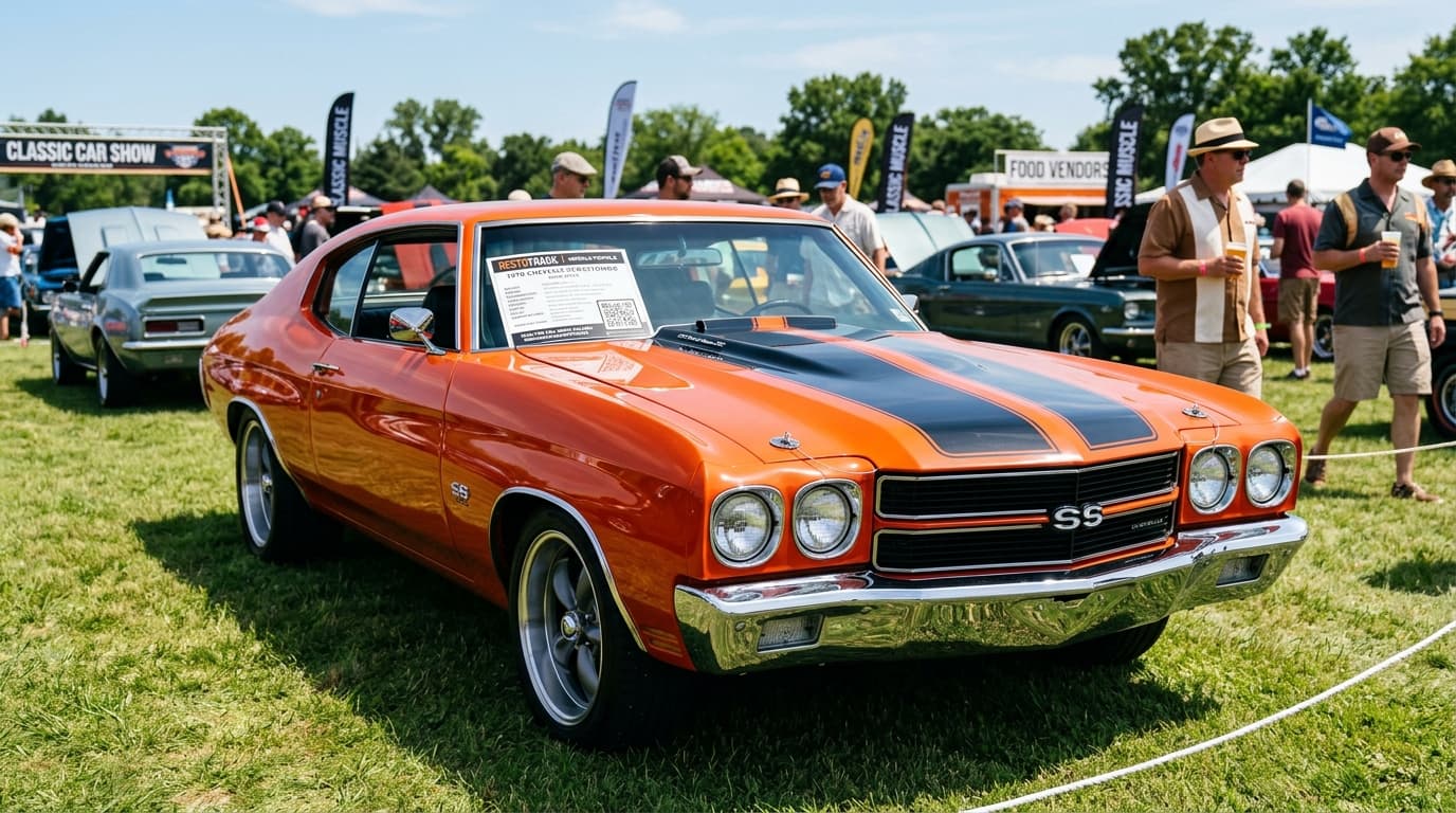 Build To Show build sheet printed and displayed on windshield at classic car show